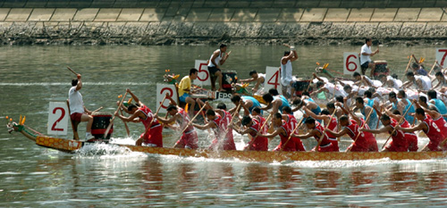 Paddles fly as the dragon boats head towards the finishing line.