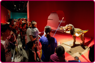 参观「巨龙传奇」展览的观众可与机械恐龙互动。