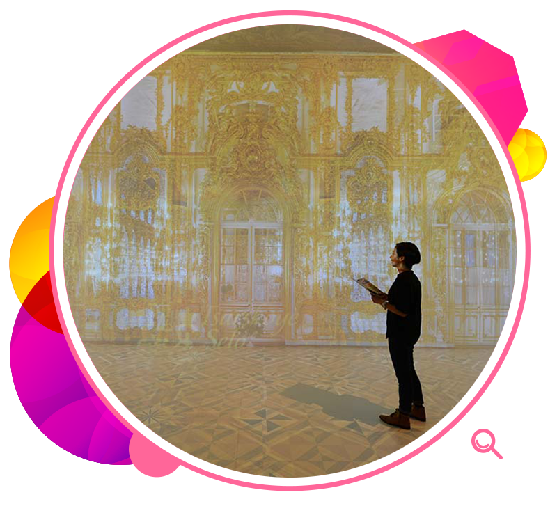 A multimedia programme at the exhibition presented the Catherine Palace, one of the palaces in Tsarskoye Selo, in a 360-degree virtual reality zone.