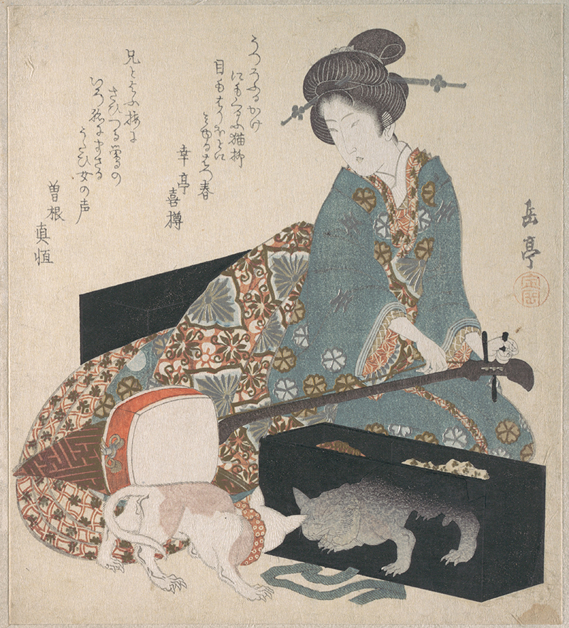 八岛岳亭 (1786-1868) 所绘的浮世绘木版画《三味线之调弦》
