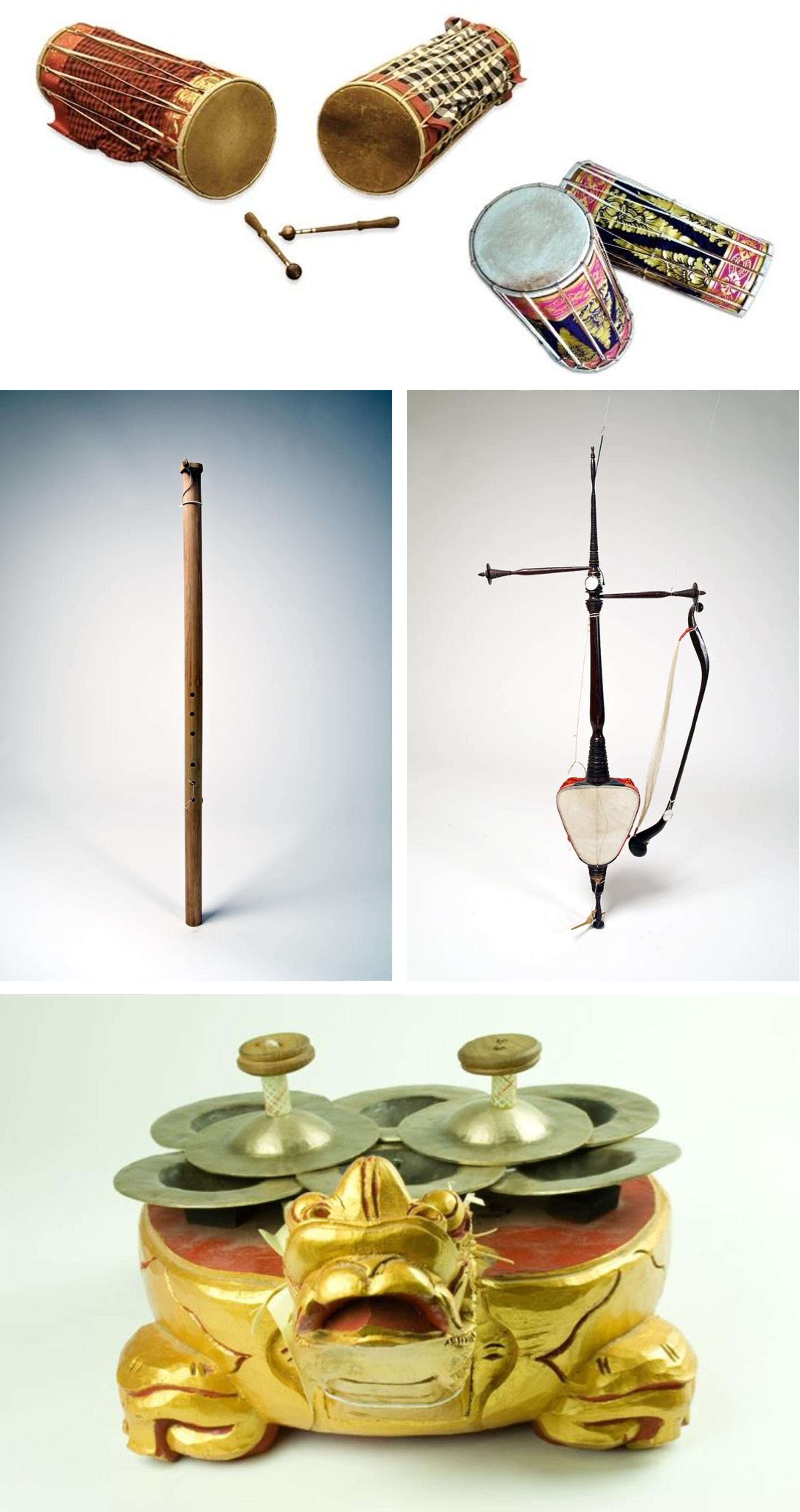 Kendang (top), suling (middle left), rebab (middle right), ceng-ceng (bottom)