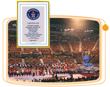 More than 10,000 youths play the opening percussion piece at the Music of the Dragons Concert to make the Guinness Book of Records.