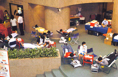 Staff set an example by donating blood in the lobby of LCSD headquarters.