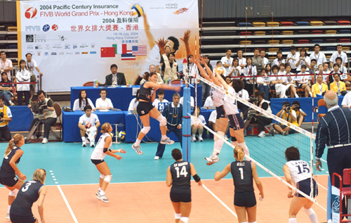Intense competition during the FIVB World Grand Prix.