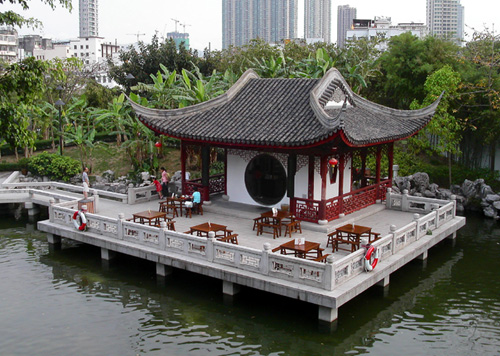 The Chinese tea house and arts and crafts stalls at the Kowloon Walled City Park are part of the activities promoting the local community economy.
