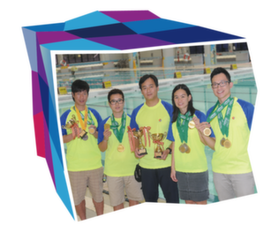 Members of the department's swimming team pose with their medals and trophies.