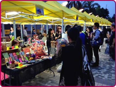 The handicraft and arts stalls in the Hong Kong Cultural Centre Piazza, where visitors can browse the creative workmanship of young and veteran handicraft artists alike.