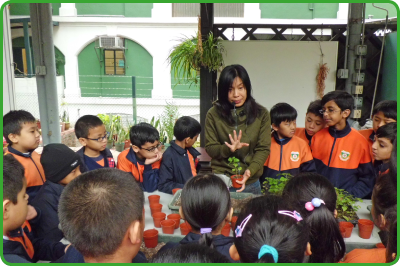 Students enjoying a plant-growing demonstration at Kowloon Park.
