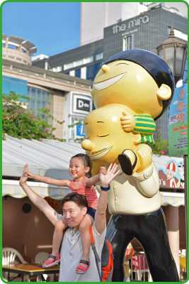 Posing for photos with local comic characters on the Avenue of Comic Stars in Kowloon Park.