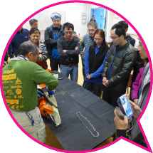 LCSD staff in practical training being shown the correct chainsaw setup method. 
