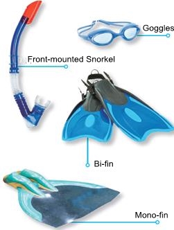Goggles, Front-mounted snorkel, Bi-fin and Mono-fin
