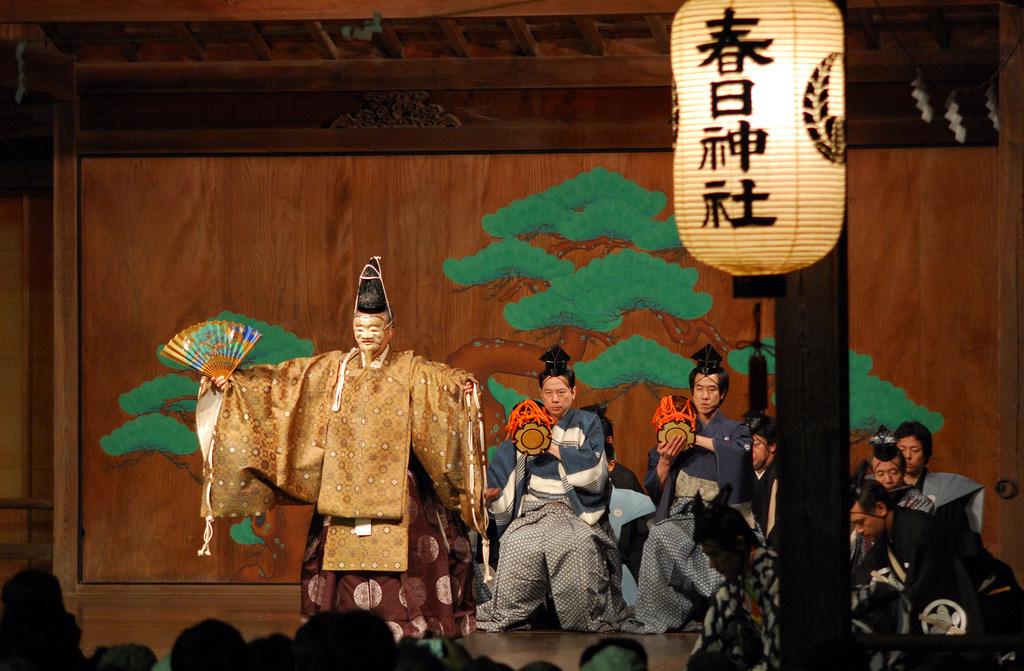 Performance of the Noh play “Okina” at the Noh theater of the Kasuga Shrine in Sasayama, Hyogo Prefecture